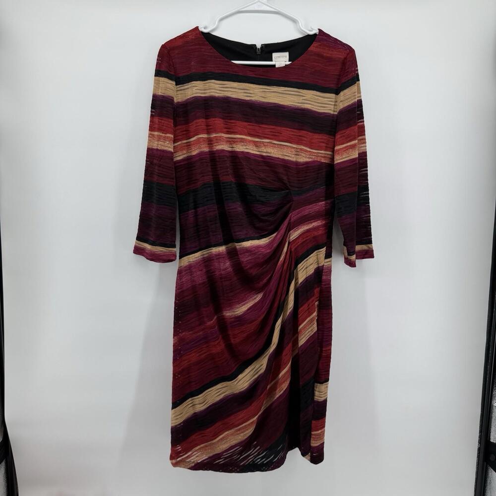 Chicos Dress Sz 2 Multi Color  Midi 3/4 leeve Cinch Front Holiday Wedding Party